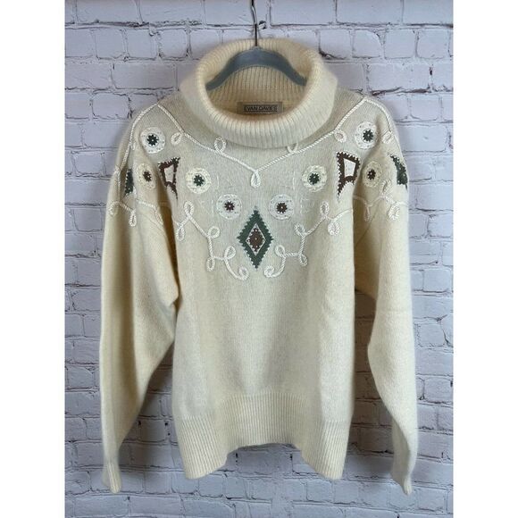 EVAN DAVIES vintage ivory embroidered lambswool angora turtleneck sweater L - Picture 1 of 10